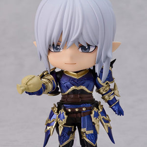 Final Fantasy XIV Estinien Nendoroid figure featuring a smiling face plate while holding an overflowing bag of gil accessory.