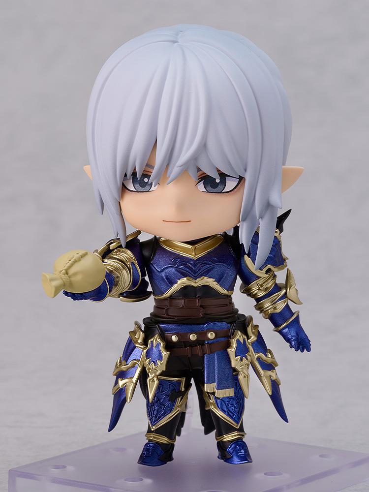 Final Fantasy XIV Estinien Nendoroid figure featuring a smiling face plate while holding an overflowing bag of gil accessory.