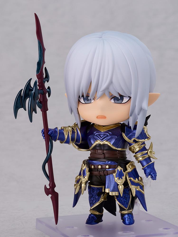 Final Fantasy XIV Estinien Nendoroid figure holding his dragon lance vertically with an open-mouth battle expression.