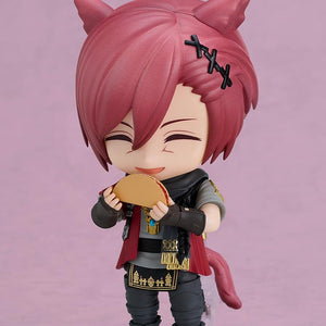 G'raha Tia Nendoroid figure from Final Fantasy XIV holding a taco accessory with a happy closed-eye expression.