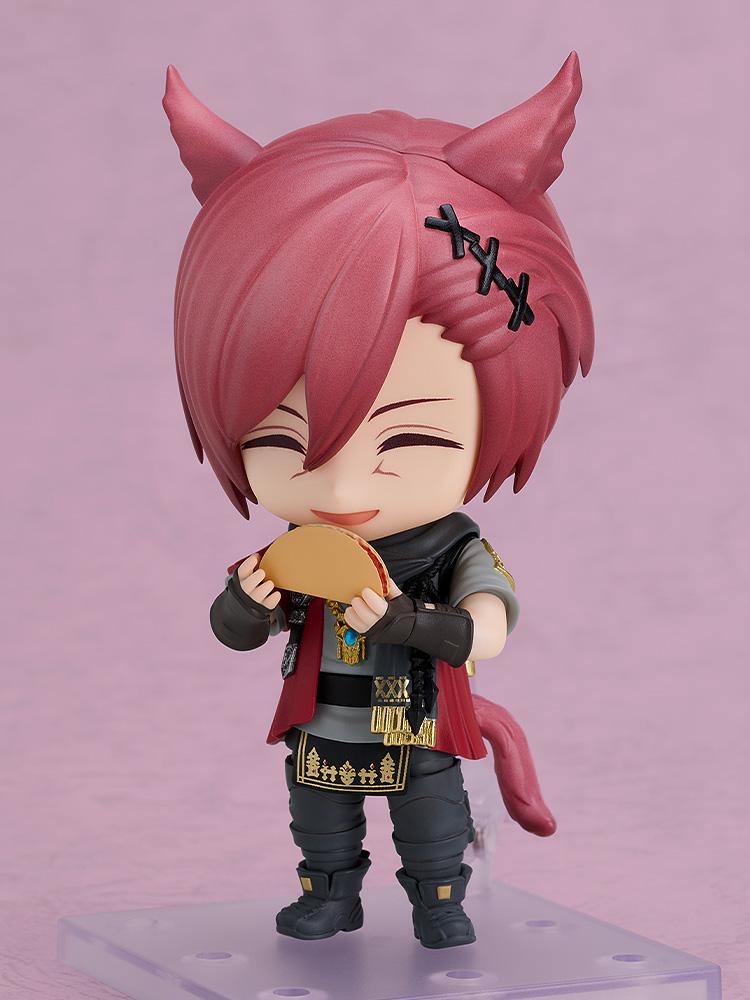 G'raha Tia Nendoroid figure from Final Fantasy XIV holding a taco accessory with a happy closed-eye expression.