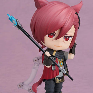 G'raha Tia Nendoroid action figure posing with the Scion's Arc rod held diagonally across his shoulder.