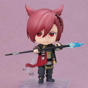 Final Fantasy XIV G'raha Tia Nendoroid figure holding the Scion's Arc rod with a determined expression on a display stand.