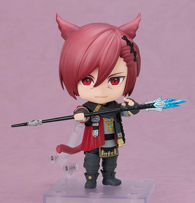 Final Fantasy XIV G'raha Tia Nendoroid figure holding the Scion's Arc rod with a determined expression on a display stand.