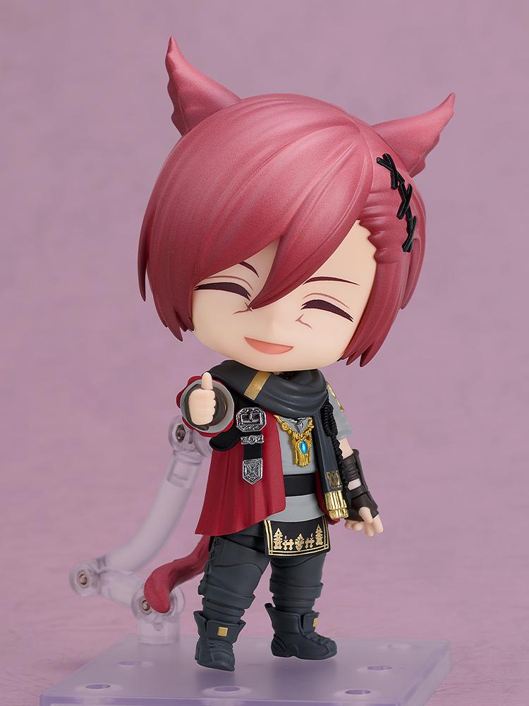 G'raha Tia Nendoroid figure from Final Fantasy XIV giving a thumbs-up pose with a smiling face plate attached.