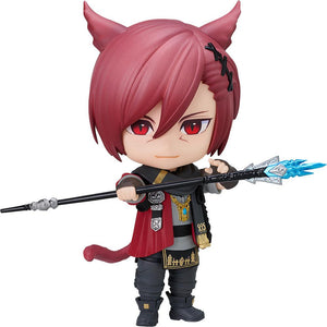 Studio cutout photo of the Final Fantasy XIV G'raha Tia Nendoroid figure holding his staff on a plain white background.