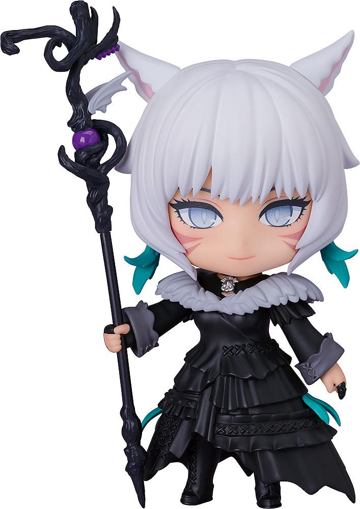 Full-body front view of the Final Fantasy XIV Y'shtola Nendoroid figure holding her Nightseeker staff with a subtle smile on an isolated white background.