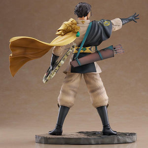 Back view of Claude 1/7 scale figure highlighting the golden shoulder armor, yellow cape, and back-mounted arrow quiver.