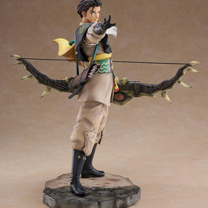 Side profile view of Claude 1/7 scale figure commanding troops with extended right arm and Failnaught bow in hand.
