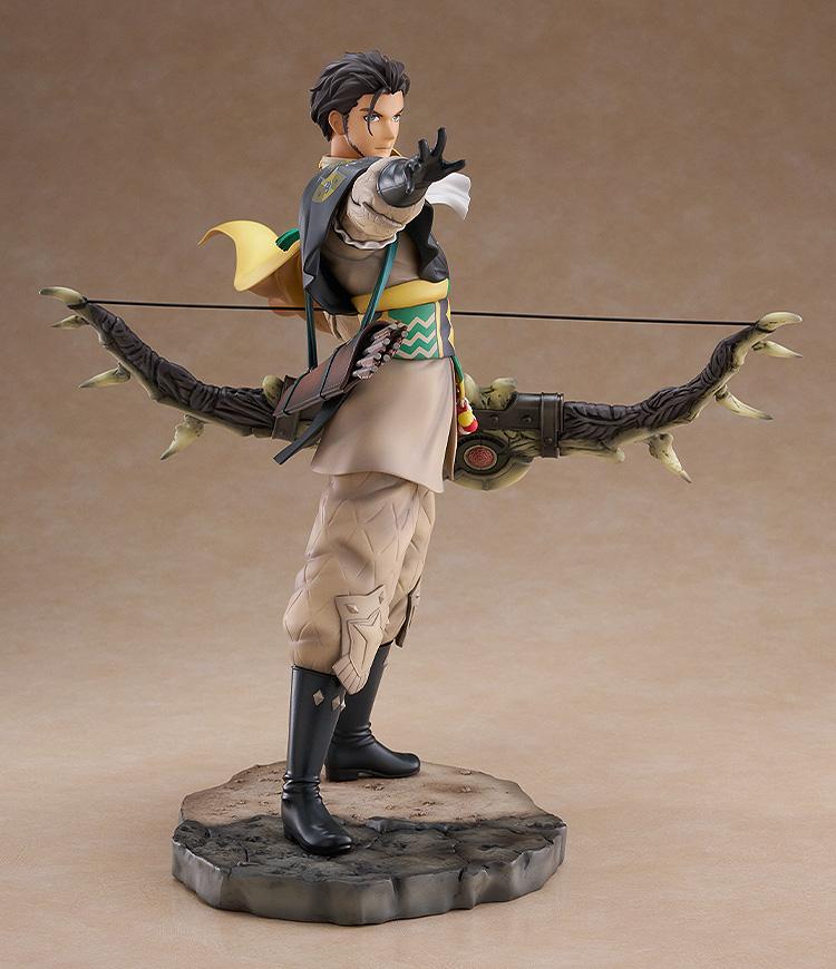 Side profile view of Claude 1/7 scale figure commanding troops with extended right arm and Failnaught bow in hand.