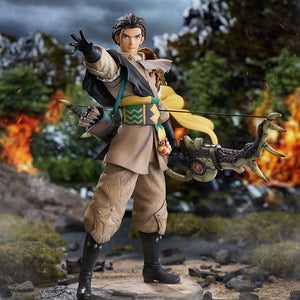 Full-length battlefield diorama of Claude 1/7 scale figure posing with Failnaught bow in a smoky, flame-lit war zone.