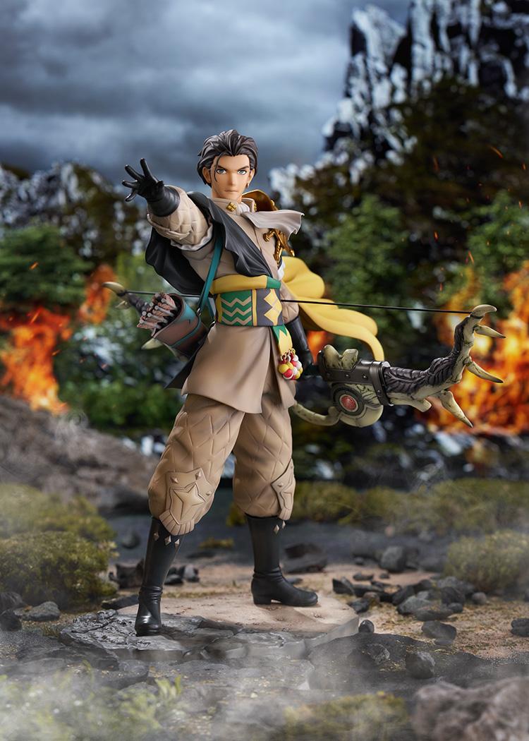 Full-length battlefield diorama of Claude 1/7 scale figure posing with Failnaught bow in a smoky, flame-lit war zone.