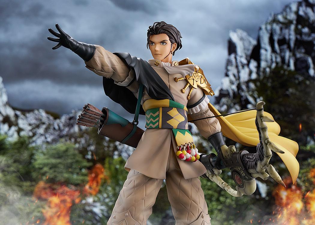 Scenic diorama display of Claude von Riegan 1/7 scale figure standing on a rocky battlefield against stormy mountain skies.