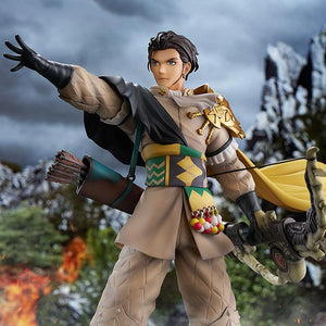Scenic diorama display of Claude von Riegan 1/7 scale figure standing on a rocky battlefield against stormy mountain skies.
