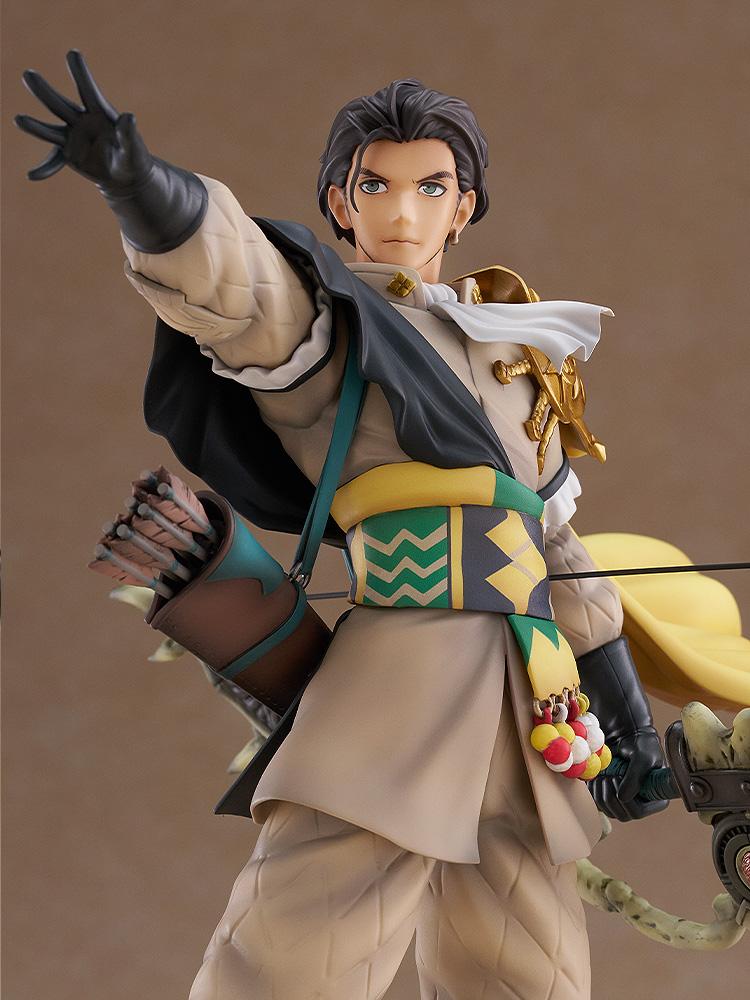 Detailed close-up of Claude's face sculpt, braided hair accent, earring, and patterned Leicester Alliance sash.