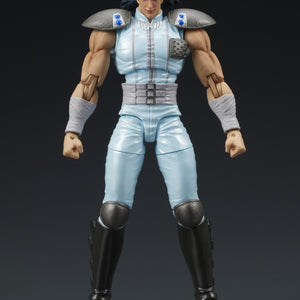 Full front standing view of the DIGACTION Fist of the North Star Rei action figure in light blue outfit and shoulder armor.