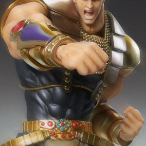 Studio action shot of the Medicos Raoh figure shouting and throwing a powerful forward straight punch.