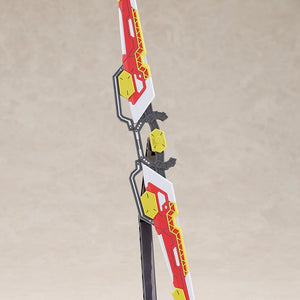 Close-up view of the red, white, and yellow Fossil Bauer double saber weapon component from the Kotobukiya Gene Stellatears model kit, displayed vertically in its sheathed configuration on a stand.