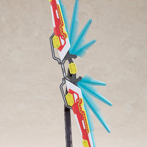 Close-up view of the Fossil Bauer double saber weapon from the Kotobukiya model kit, shown vertically on a stand in its deployed mode with clear blue energy wings.