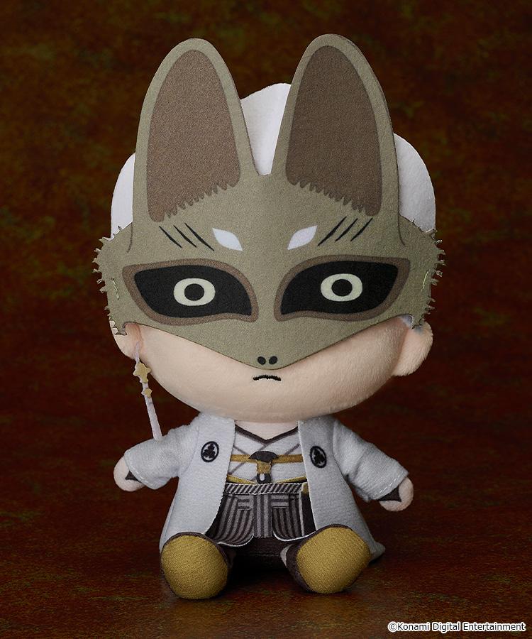 Sitting Fox Mask plushie from the Silent Hill f video game, showcasing the textured mask and layered grey and gold outfit.
