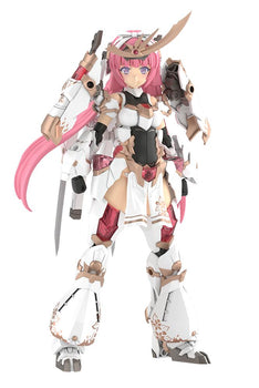 Front view showcase of the 1/6 scale Frame Arms Girl Magatsuki Kikka model kit fully assembled with white and gold heavy armor on a white background.