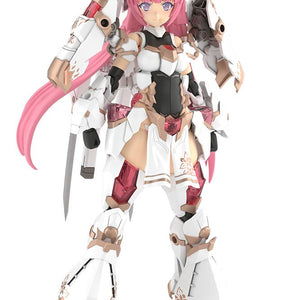 Front view showcase of the 1/6 scale Frame Arms Girl Magatsuki Kikka model kit fully assembled with white and gold heavy armor on a white background.