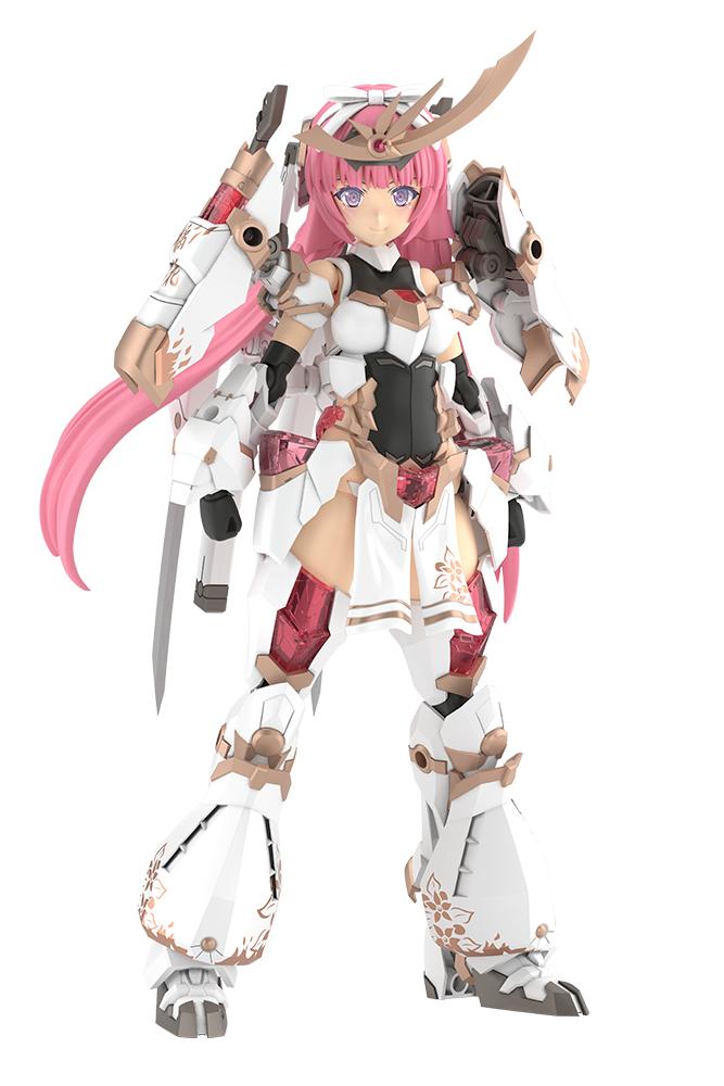 Front view showcase of the 1/6 scale Frame Arms Girl Magatsuki Kikka model kit fully assembled with white and gold heavy armor on a white background.