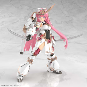 Action pose of the 25cm Magatsuki Kikka model kit brandishing both her Tenkai long sword and Satsuga short sword.