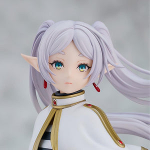 High-detail macro shot of FrierenÕs face and green eyes from the Magic of the Eventide Glow series.