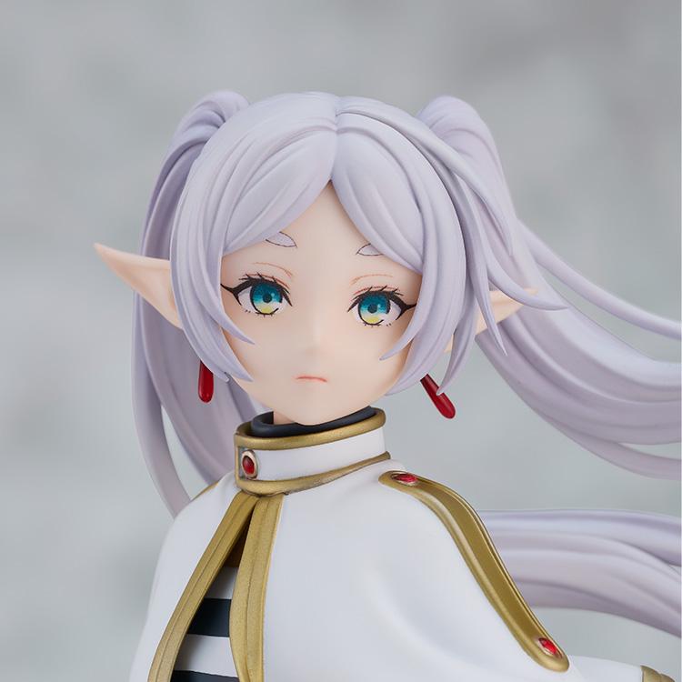 High-detail macro shot of FrierenÕs face and green eyes from the Magic of the Eventide Glow series.