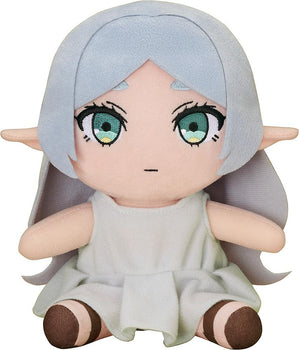 Front view of the Frieren Apprentice Era plushie featuring her signature white elf ears, silver hair, and a simple white dress.