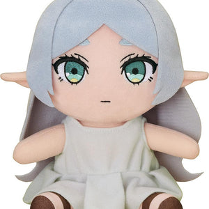 Front view of the Frieren Apprentice Era plushie featuring her signature white elf ears, silver hair, and a simple white dress.