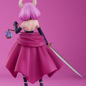 Rear studio view of the Good Smile Company Aura POP UP PARADE figure showcasing the back of her pink cape dress, hair sculpt, and angled sword.