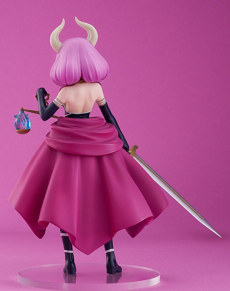 Rear studio view of the Good Smile Company Aura POP UP PARADE figure showcasing the back of her pink cape dress, hair sculpt, and angled sword.