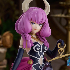 Close-up portrait of the Aura POP UP PARADE figure highlighting her horns, purple braided hair, smirking expression, and the Scale of Obedience.