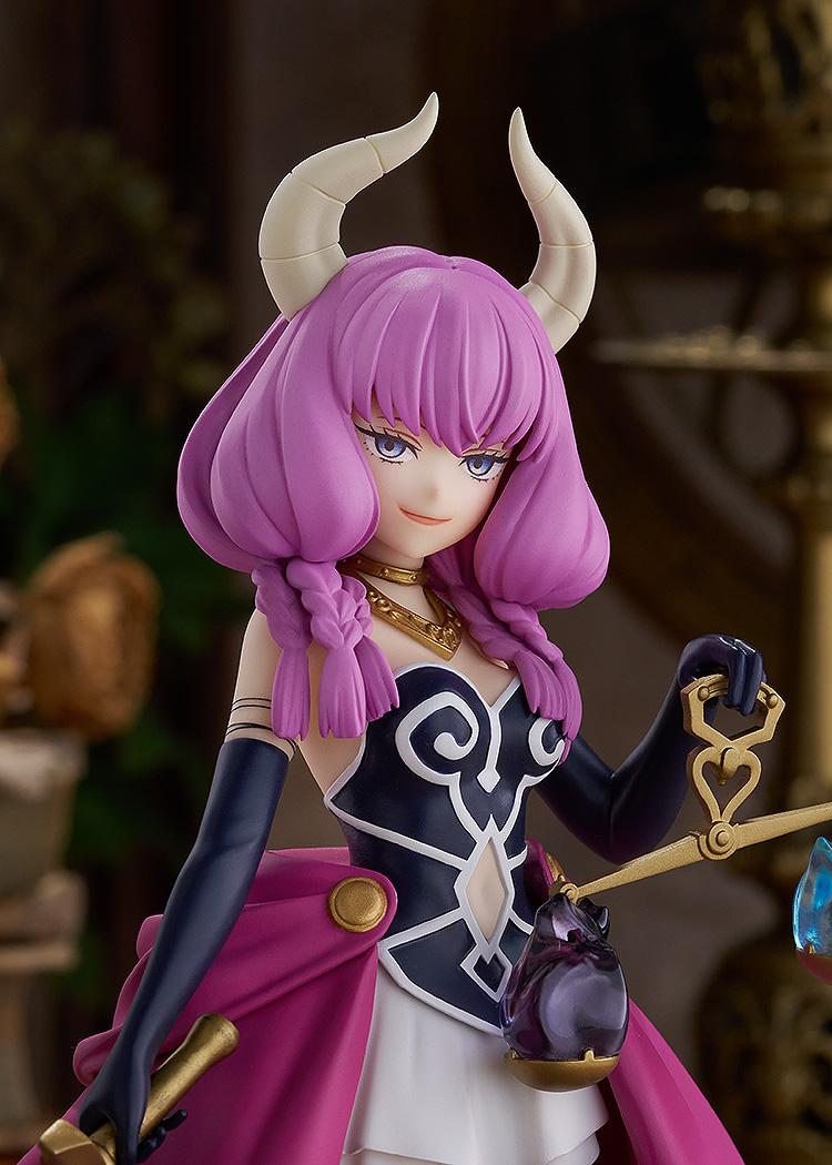 Close-up portrait of the Aura POP UP PARADE figure highlighting her horns, purple braided hair, smirking expression, and the Scale of Obedience.