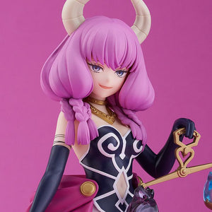 Upper body studio close-up of the Aura POP UP PARADE figure against a solid pink backdrop showing outfit details and horn sculpting.