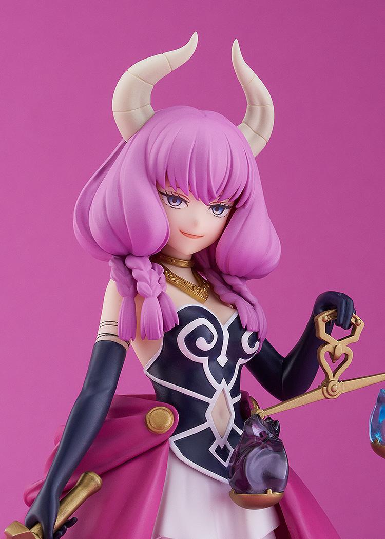 Upper body studio close-up of the Aura POP UP PARADE figure against a solid pink backdrop showing outfit details and horn sculpting.