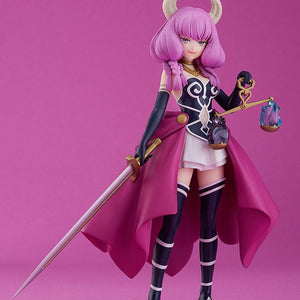 Full-body studio shot of the Aura POP UP PARADE figure from Frieren: Beyond Journey's End on a pink background, standing on a clear circular base.