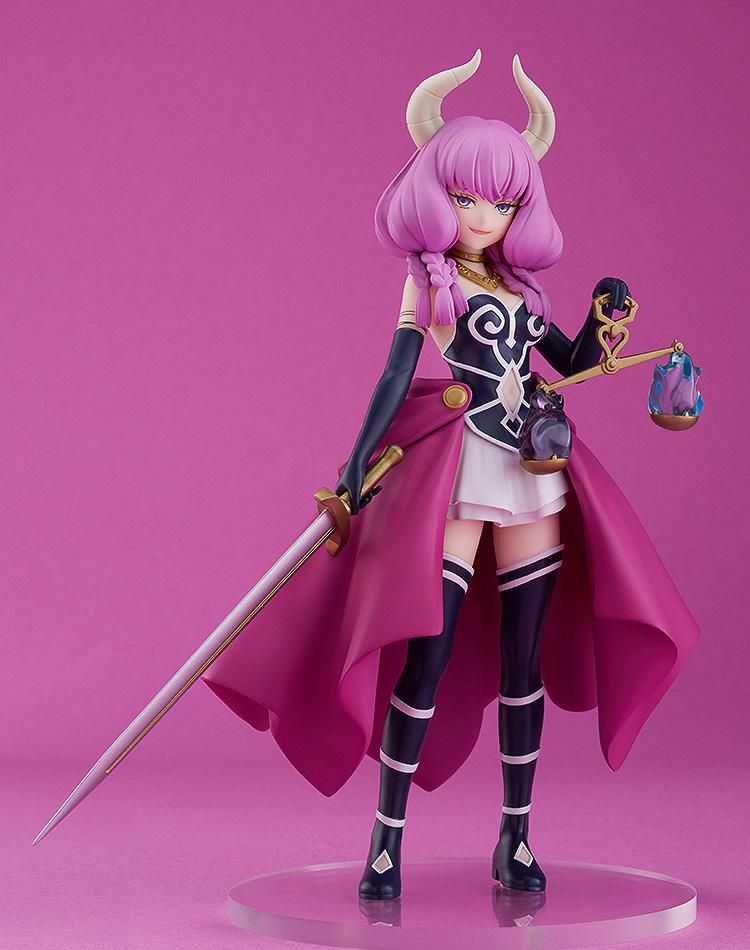 Full-body studio shot of the Aura POP UP PARADE figure from Frieren: Beyond Journey's End on a pink background, standing on a clear circular base.