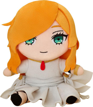 Front view of the Flamme plushie from Frieren: Beyond Journey's End featuring orange hair and a white dress on a white background.