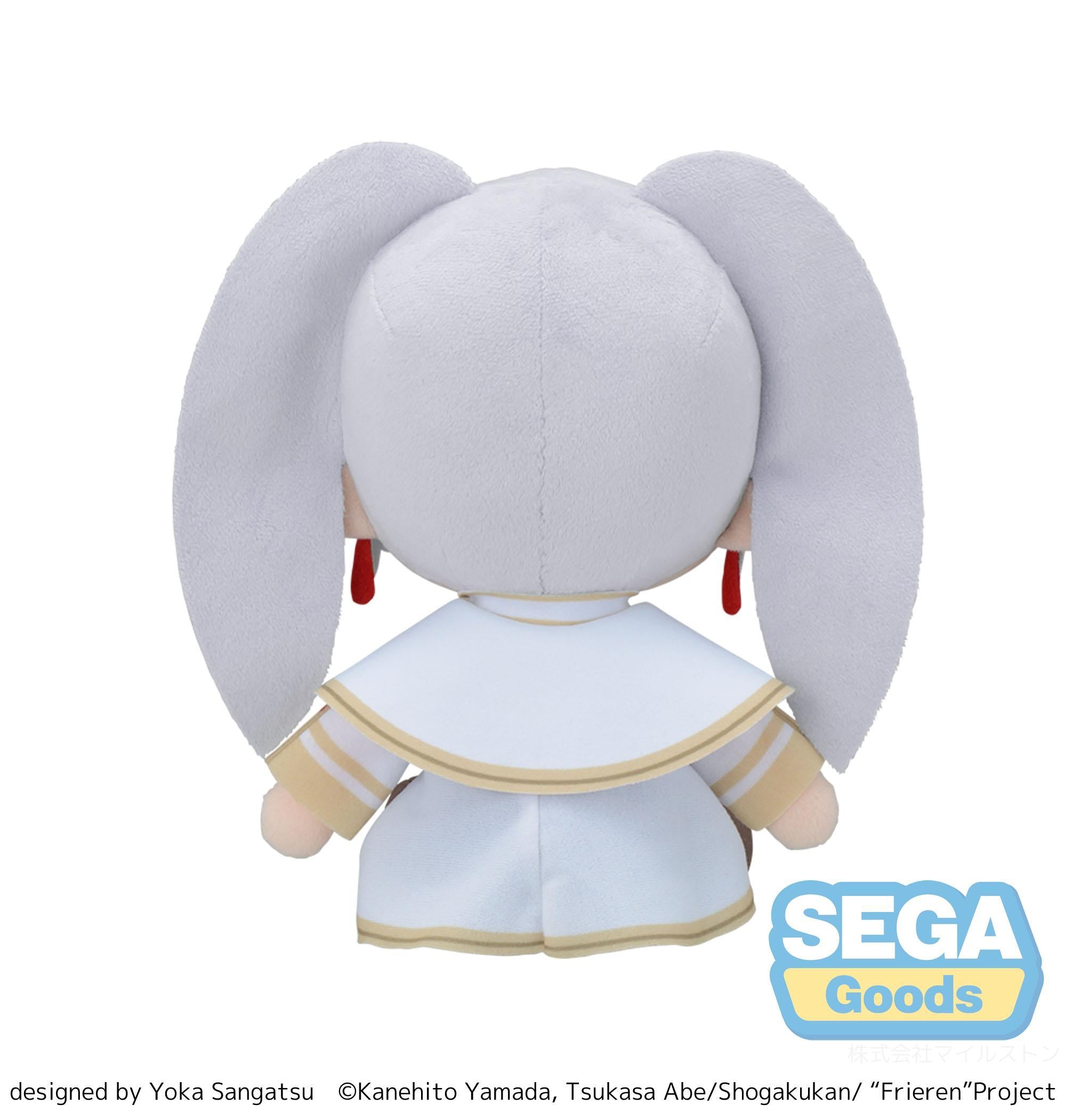 Back view of the Frieren: Beyond Journey's End fuwa petit medium plush by Sega, showing the detail of her white capelet and long silver pigtails.