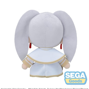 Back view of the Frieren: Beyond Journey's End fuwa petit medium plush by Sega, showing the detail of her white capelet and long silver pigtails.