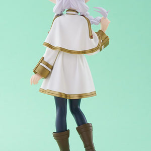 Rear studio angle of the POP UP PARADE Frieren figure showcasing the intricate details of her white capelet, braided hair texture, and dark leggings.