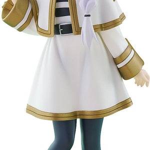 Studio front view of the Frieren Braids Version POP UP PARADE figure showing her white coat with gold trim, twin braided hair, and pointed elf ears.