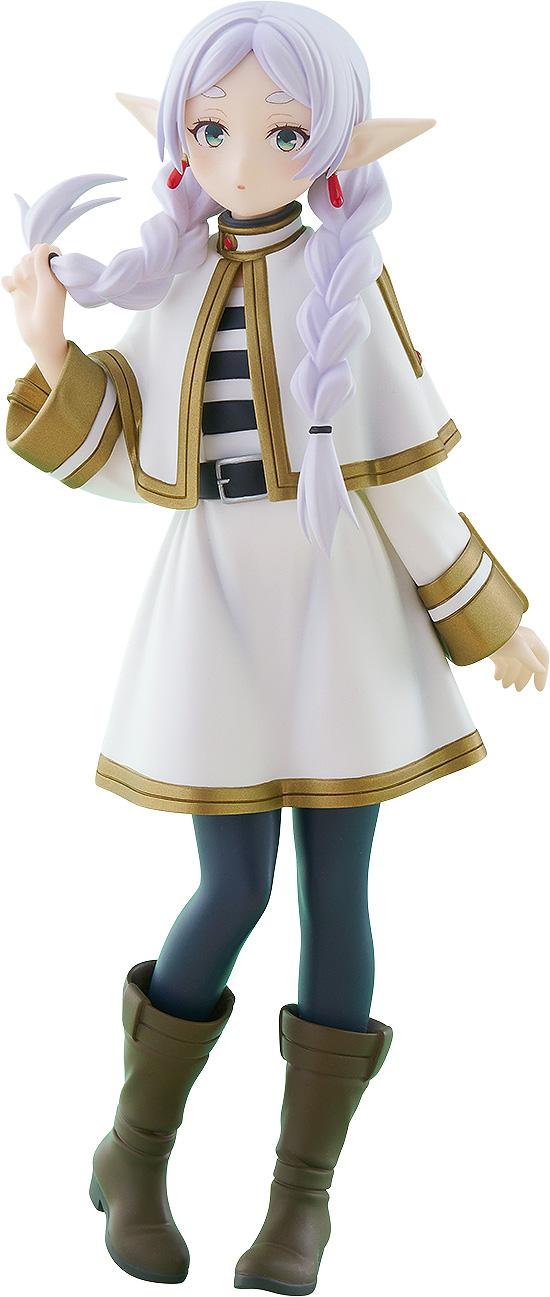 Studio front view of the Frieren Braids Version POP UP PARADE figure showing her white coat with gold trim, twin braided hair, and pointed elf ears.