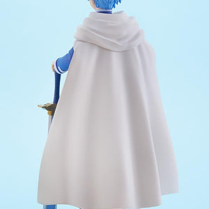 Rear view of the Himmel Pop Up Parade anime figure highlighting his flowing white cape and short blue hair.