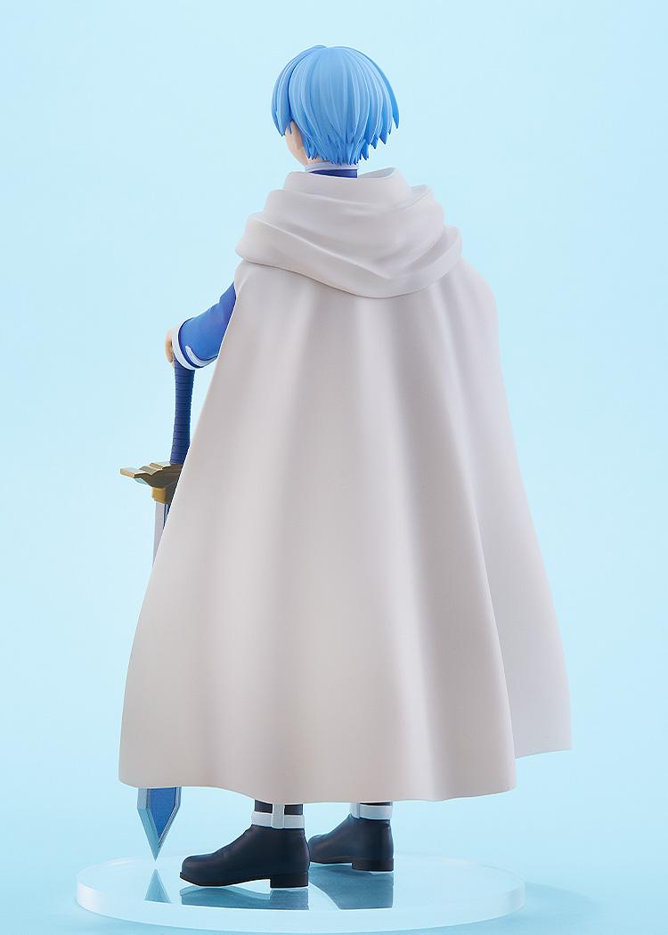Rear view of the Himmel Pop Up Parade anime figure highlighting his flowing white cape and short blue hair.