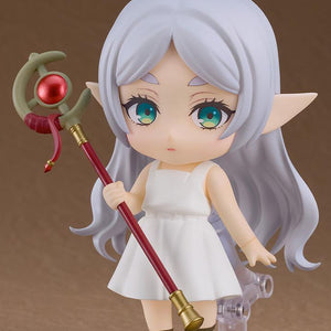 Nendoroid Frieren from Beyond Journey's End in a neutral pose holding her red and gold staff, displayed on a purple square base.