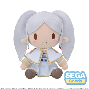 A front-facing studio shot of the Frieren fuwa petit medium plush with a plain white background, showing the character's signature elf ears and red earrings.